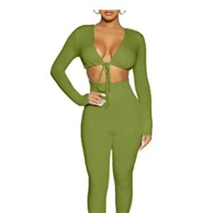 Hilinker Women's Sexy V Neck Long Sleeve Cut Out Jumpsuit Bodycon Long Pants